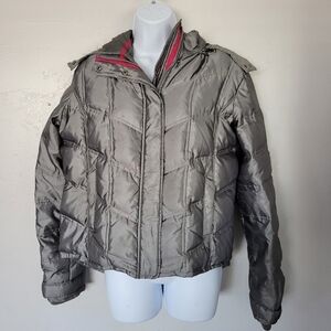 Maurices Women's Large Silver Pewter Coat Winter Jacket Fur Hood Quilted Satin